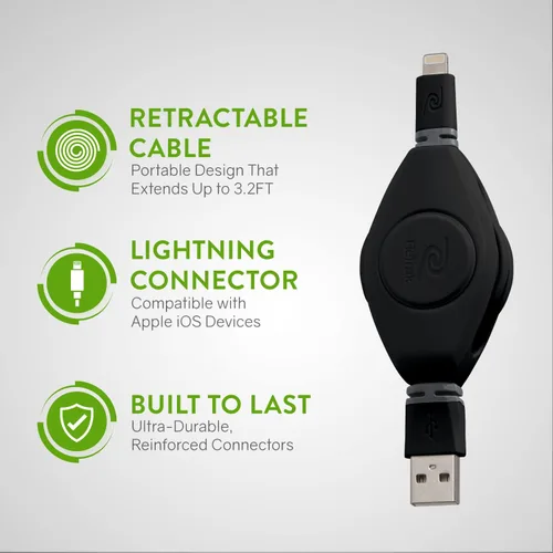 Miniatura 6 de ReTrak Premier Series ETLTUSBBLK Cable retráctil Lightning a USB de carga y sincronización para iPhone, iPod y iPad (negro), 3.2 pies