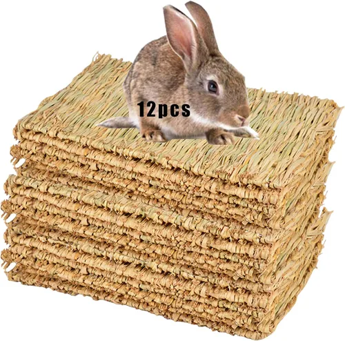 Miniatura 10 de Hamiledyi Alfombrilla de césped tejida para animales pequeños, 4 piezas de ropa de cama de conejito grande, juguete para masticar, juguete de cama