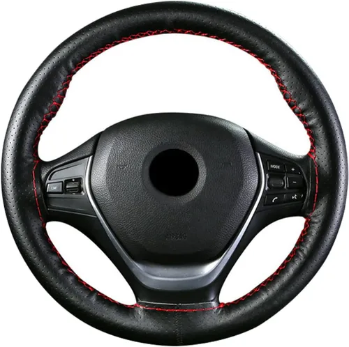 Miniatura 4 de Funda para volante de automóvil, ajuste universal, punto redondo, funda fina de piel sintética cosida en volante de automóvil de 15 pulgadas (negro)