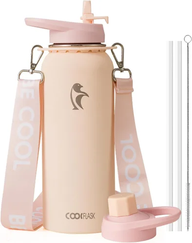 Miniatura 21 de Botella de agua Coolflask de 40 onzas con correa, botella de agua metálica aislada con popote y tapas con pico, acero inoxidable de doble pared al