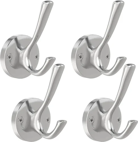 TOFIIGREM Ganchos de Pared de Níquel Cepillado, Paquete de 4 Ganchos Dobles de Metal Resistentes para Abrigos y Toallas Montados en la Pared,
