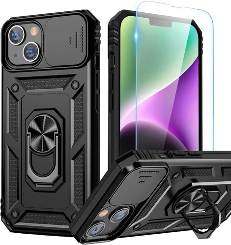 Goton Funda para iPhone 14 Plus con Protector de Pantalla - Funda con Cubierta Deslizante para Cámara con Soporte de Anillo, Resistente de Grado