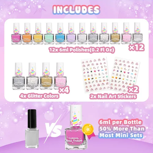 Miniatura 2 de Tomons Juego de esmalte de uñas para niños, 12 colores no tóxicos a base de agua de secado rápido y desprendible, kit de arte de uñas DIY para niñas