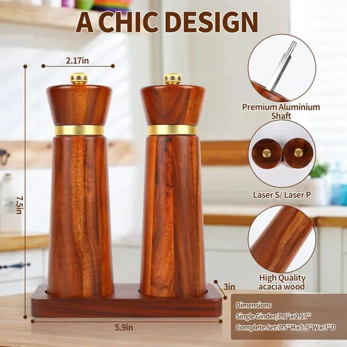 Miniatura 2 de Molinillo de pimienta de madera, molinillo de pimienta de madera, molinillo de sal recargable con grueso, molinillo de pimienta manual ajustable