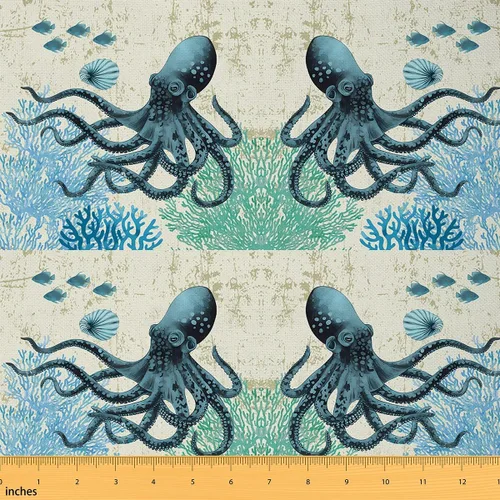 Miniatura 13 de The Yard - Tela de playa de estrellas de mar por yarda – Tela de franela suave para sillas de océano costero para niños, coral, verde azulado, azul