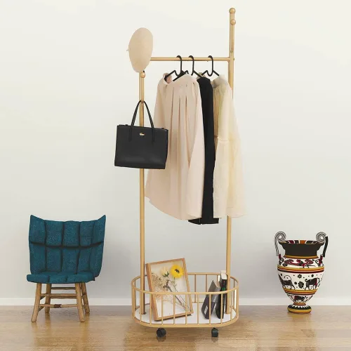 Miniatura 4 de Perchero de Ropa Dorado con Ruedas Perchero Rodante con Cesta de Almacenamiento Perchero de Abrigos de Metal Móvil Soporte Perchero Moderno