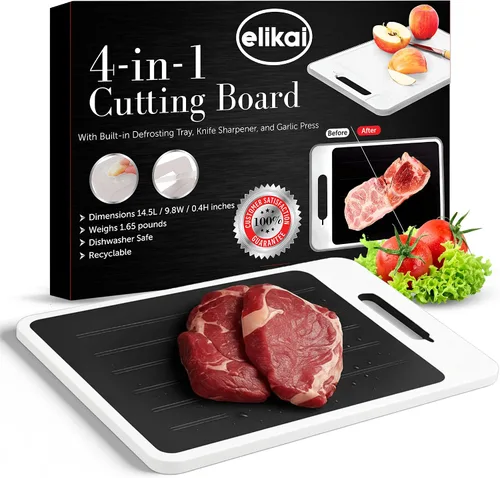 Miniatura 10 de ELIKAI Bandeja de descongelación 4 en 1 para carne congelada con tabla de cortar, placa de rallador de ajo y refinador de cuchillos, placa