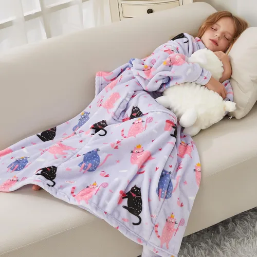 Miniatura 8 de Softan Manta de forro polar para niños con mangas y bolsillo para el pie para niños y niñas, manta ligera y suave, diseño de gato