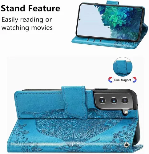 Miniatura 4 de Funda tipo cartera para Samsung Galaxy S21, piel sintética de alta calidad con diseño de flores de mariposa en relieve, función atril, ranuras