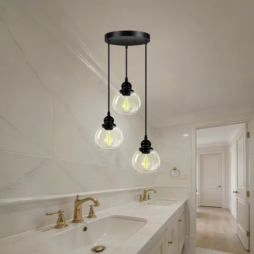 Miniatura 8 de Lámpara colgante de 3 luces, lámpara de techo colgante con pantalla de vidrio transparente, color negro mate, iluminación colgante de altura