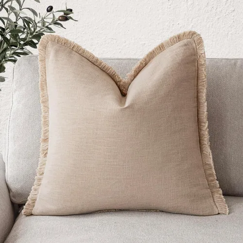 Miniatura 25 de Foindtower Fundas de almohada decorativas de lino con flecos, acogedora funda de cojín bohemia estilo farmhouse con borlas, funda de almohada