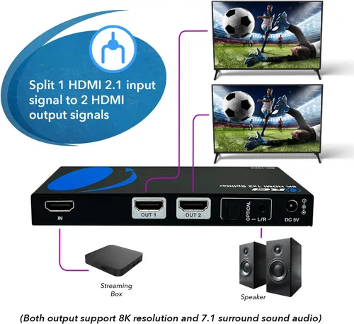 Miniatura 3 de OREI Divisor HDMI 8K 1 x 2, duplicado con extractor de audio UltraHD soporta hasta 4K @ 120Hz IR EDID HDCP 2.3 - (BK-102A) (1x2 - Salida de audio)