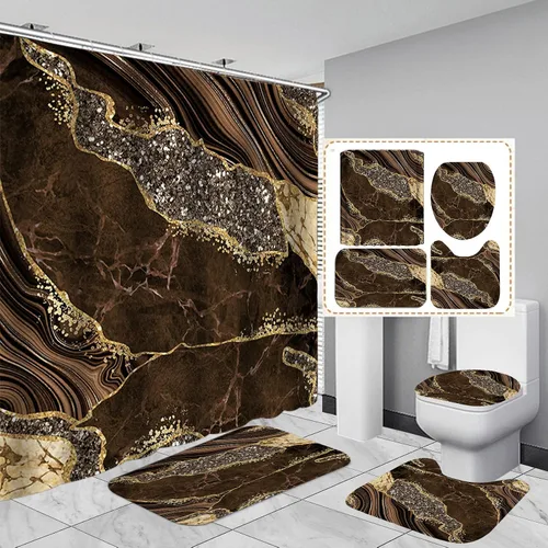 Miniatura 10 de Juego de 4 piezas de cortinas de ducha de mármol, juegos de baño modernos con cortinas de ducha, alfombra para tapa de inodoro, tapete de contorno