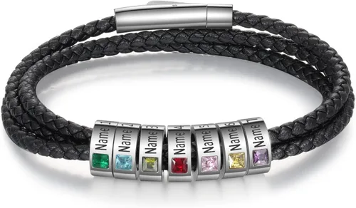 Miniatura 36 de Pulsera personalizada para el Día del Padre para hombre, pulseras personalizadas de cuero trenzado negro con cuentas grabadas de 1 a 8 nombres