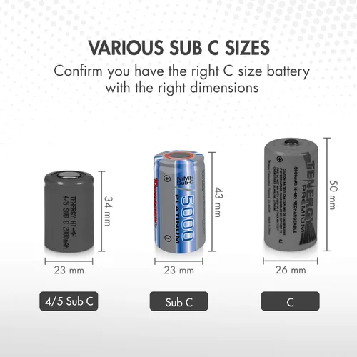 Miniatura 7 de Tenergy Batería recargable NiMH SubC de 5000 mAh con parte superior plana (con pestañas), paquete de 10