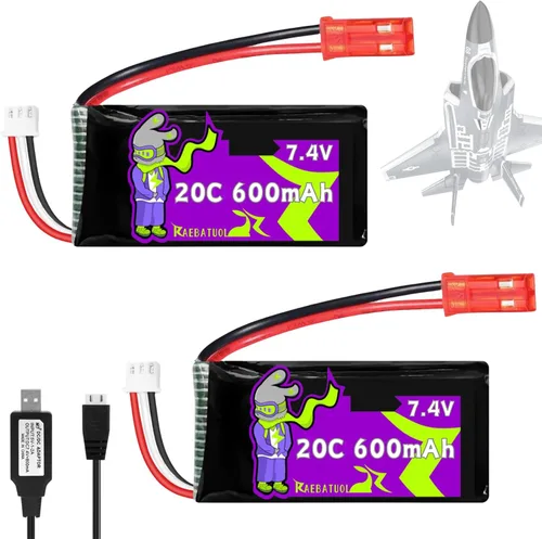 Baterías JST 20C de 7.4V 600mAh para DEERC F35 4 canales sin escobillas RC avión para adultos Control remoto Avión EDF Fighter Jet, 2.4GHz 6 ejes