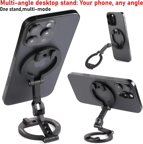 Miniatura 4 de Soporte de teléfono de doble anillo magnético – Soporte plegable de aluminio CNC de rotación de 360°, tornillo de 1/4 pulgadas, interfaz de zapata