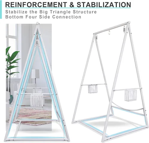 Miniatura 7 de YOXIFOC Base reforzada y soporte de hamaca de estructura triangular con 2 cestas de almacenamiento, soporte de columpio con 3 ganchos para la Blanco