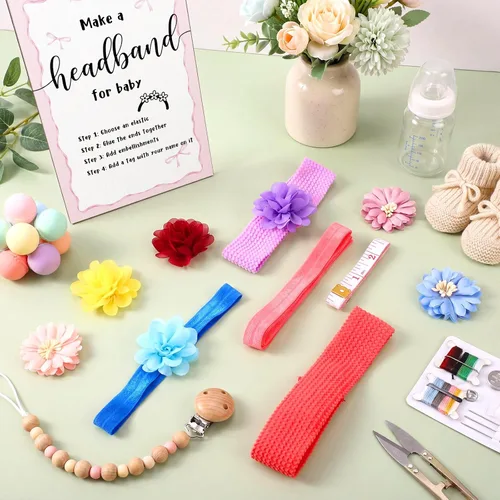 Miniatura 6 de Geosar Kit de diadema para baby shower, incluye letrero de madera con 60 cintas elásticas de flores bonitas, 10 telas redondas con cinta