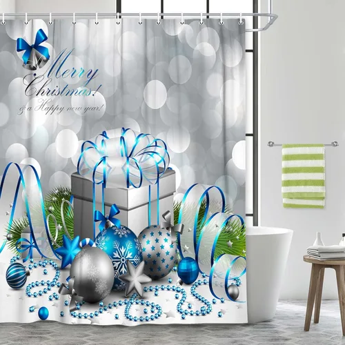 Miniatura 6 de DYNH Cortina de ducha navideña, feliz Navidad, bola y caja de Navidad plateada y azul para cortinas de baño de Año Nuevo, cortina de ducha de tela