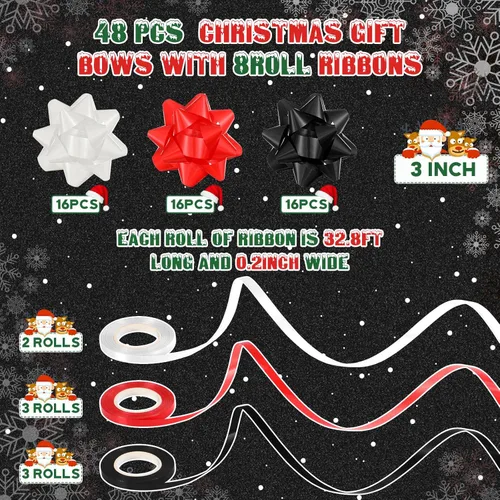 Miniatura 2 de Riceshoot 48 lazos de regalo autoadhesivos de Navidad con 8 rollos de cintas rizadoras de 3 pulgadas, lazos metálicos de Navidad para regalo