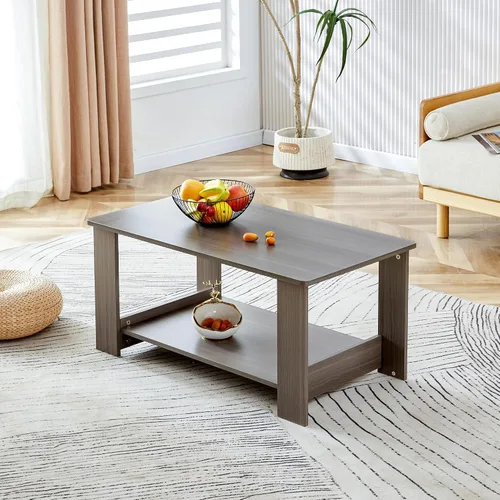 Miniatura 3 de Mesas de centro modernas de 2 niveles rectangulares de madera con amplio almacenamiento, perfectas para sala de estar, decoración de sala