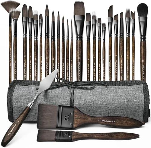 Fuumuui Juego de 26 pinceles de pintura profesional, serie de alta calidad, pinceles de pintura de nailon sintético para paisajes, acrílico, óleo,
