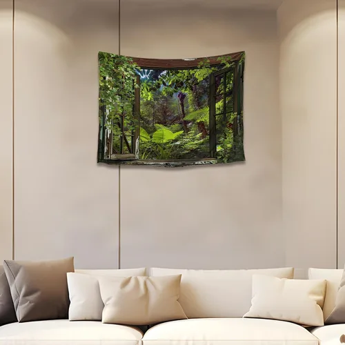Miniatura 32 de QGHOT Tapiz de bosque brumoso, tapiz de montaña natural para colgar en la pared, paisaje de acuarela verde salvia, arte de pared para dormitorio