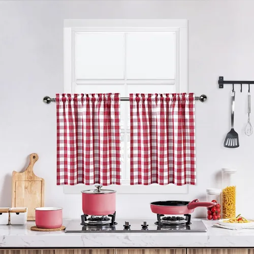 Miniatura 36 de Cortinas de Cocina Estilo Granja de Cuadros Vichy Blanco y Negro de 24 Pulgadas de Largo, Cortinas de Café de Media Ventana de Cuadros Buffalo