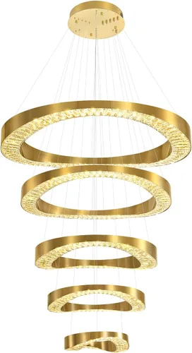 Miniatura 8 de Flashing God Lámpara de Araña Grande para Techo Alto, Lámpara de Araña de Cristal Moderna de 5 Anillos para Entrada, Accesorios de Iluminación