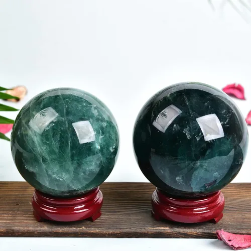 Miniatura 4 de JIC Gem Gran esfera de cristal de cuarzo verde con fluorita verde, gema curativa esférica para meditación, con soporte decorativo de madera