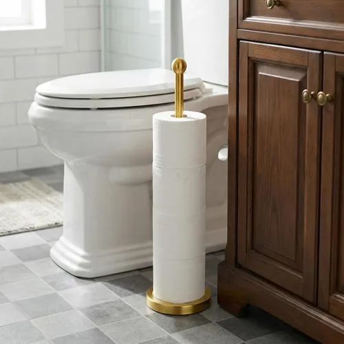 Miniatura 5 de Songtec Soporte de Papel Higiénico Dorado con Reserva, Soporte de Rollo de Papel de Pie para 4 Rollos, Diseño Compacto Almacenamiento de Papel