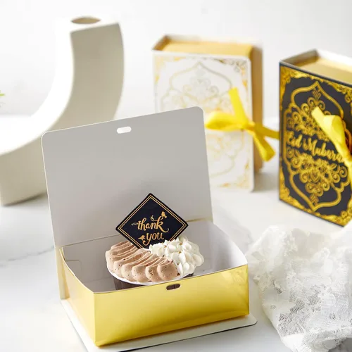 Miniatura 7 de Honoson 36 cajas de recuerdo de Ramadán Eid Mubarak de 4.5 x 3 pulgadas, cajas cuadradas de dulces Eid Al Fitr con cinta dorada para suministros