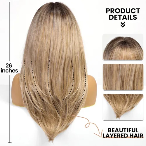 Miniatura 3 de EMMOR Peluca rubia con flequillo para mujer, pelucas largas y lacias, peinado sintético en capas para niñas, fiesta, cosplay y uso diario