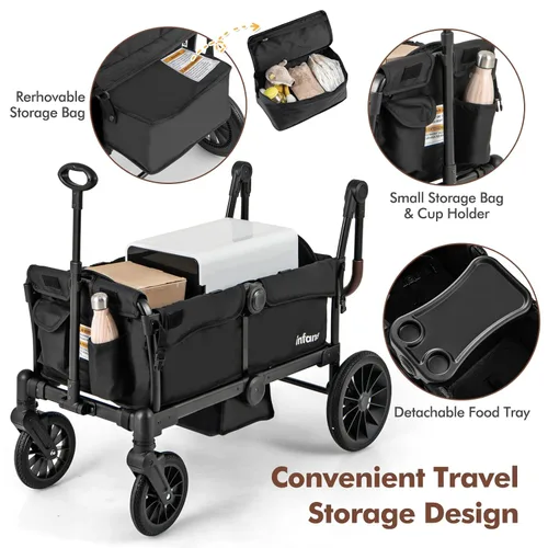 Miniatura 8 de INFANS Cochecito Vagón para 2 niños, barra plegable ajustable con asa de empujar y tirar, cochecito vagón de 2 plazas con toldo extraíble y bandeja