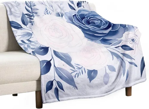 Miniatura 31 de Manta de flores de acuarela azul marino, bohemias, manta de acuarela floral con coronas de rosas y hojas de peonías, lujosa, cálida y acogedora