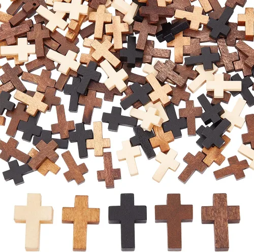 Miniatura 21 de SUNNYCLUE 100 dijes de cruz de madera a granel, cuentas de madera natural, mini cruces de bolsillo blancas y negras, rosario, crucifijo de Pascua
