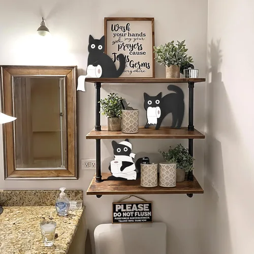 Miniatura 5 de Dripykiaa Divertida decoración de baño de gato negro, 3 piezas de decoración de pared de gato negro de madera, única para los amantes de los gatos