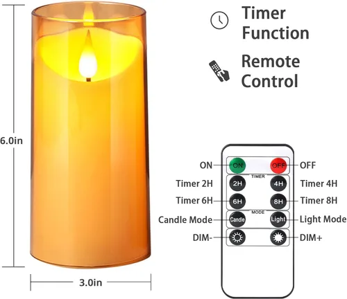 Miniatura 5 de NURADA Velas sin llama con control remoto y temporizador: juego de 2 velas LED acrílicas con mecha 3D que funcionan con pilas, velas falsas