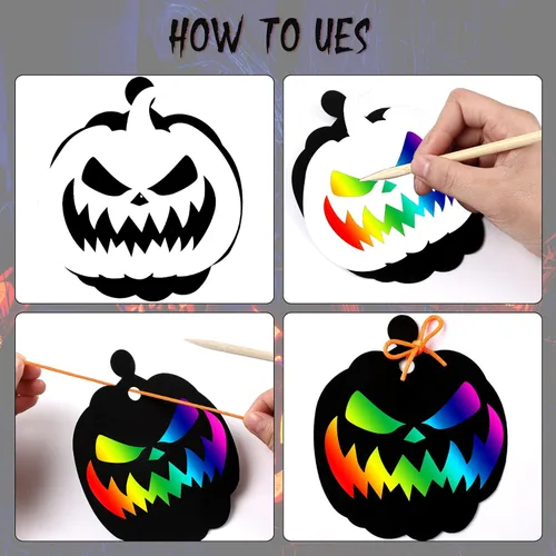 Miniatura 4 de JULMELON Kit de manualidades de papel para rascar de Halloween, 48 piezas a granel de calabazas de Halloween, arco iris mágico, arte para rascar
