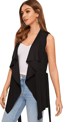 Miniatura 4 de SweatyRocks Cárdigan casual sin mangas para mujer con volantes y lazo frontal