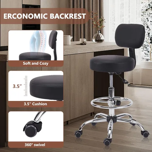 Miniatura 7 de KLASIKA Silla de dibujo con respaldo, reposapiés ajustable altura con ruedas, taburete giratorio de cuero para taller, sillas de oficina, cojín