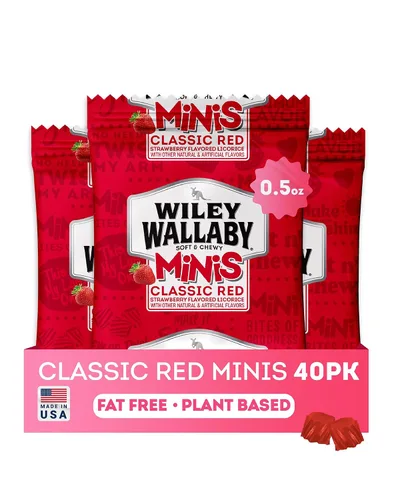 Bolas de regaliz clásico Wiley Wallaby Mini, 0.5 onzas, regaliz suave y masticable gourmet estilo australiano clásico rojo, paquete de 40 bolsas