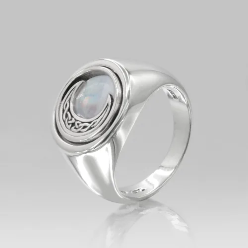 Miniatura 5 de Anillo de plata de ley con luna creciente celta con piedra lunar arcoíris (tallas 4-15)