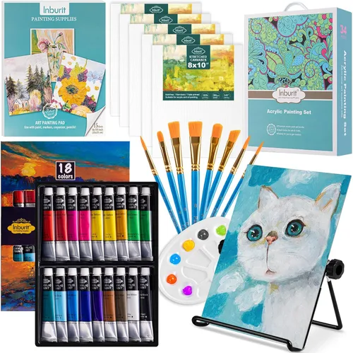 Miniatura 8 de Inburit Juego de Pintura de Arte con Caja de Caballete de Madera, 24 Colores de Pinturas Acrílicas, 8 Pinceles, 6 Paneles de Lienzo Kit de 54