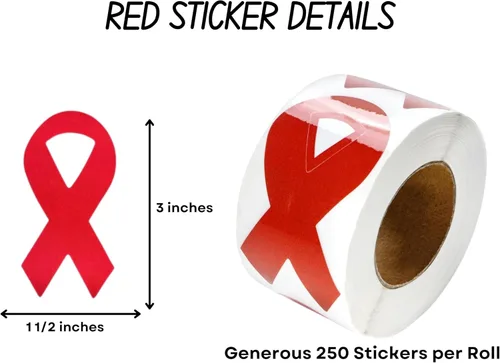 Miniatura 4 de 250 calcomanías de concientización en forma de cinta roja para concientización del corazón, SIDA/VIH y recaudación de fondos, perfectas