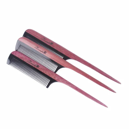 Miniatura 5 de Breezelike Peines para el cabello – Peine de cola de madera de dientes finos – Peine de madera de corazón morado sin estática con dientes de cuerno