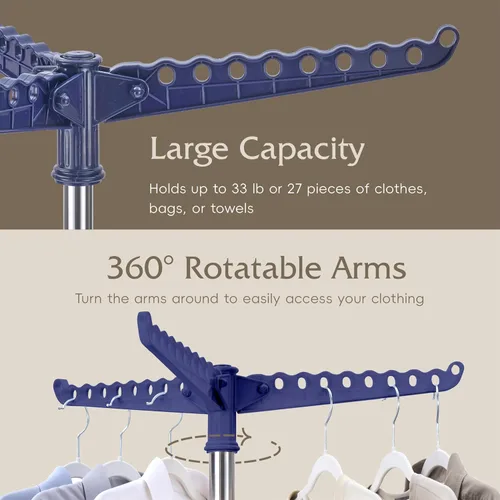 Miniatura 5 de Beaudaily Tendedero de secado de ropa, plegable, estante de secado de ropa interior de 59 pulgadas con 3 brazos giratorios, acero inoxidable, Azul +