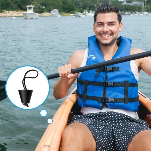 Miniatura 6 de Axlksia Kit de 8 tapones para kayak, tapón universal de silicona con orificios de drenaje, tapón con cordón, accesorios de kayak Negro
