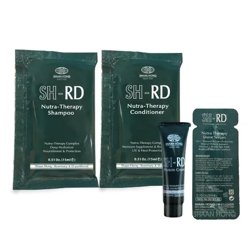 SH-RD Kit esencial para el cabello para viajes y prueba | Champú Nutra-Therapy, acondicionador, suero brillante, crema proteica | Rutina diaria de